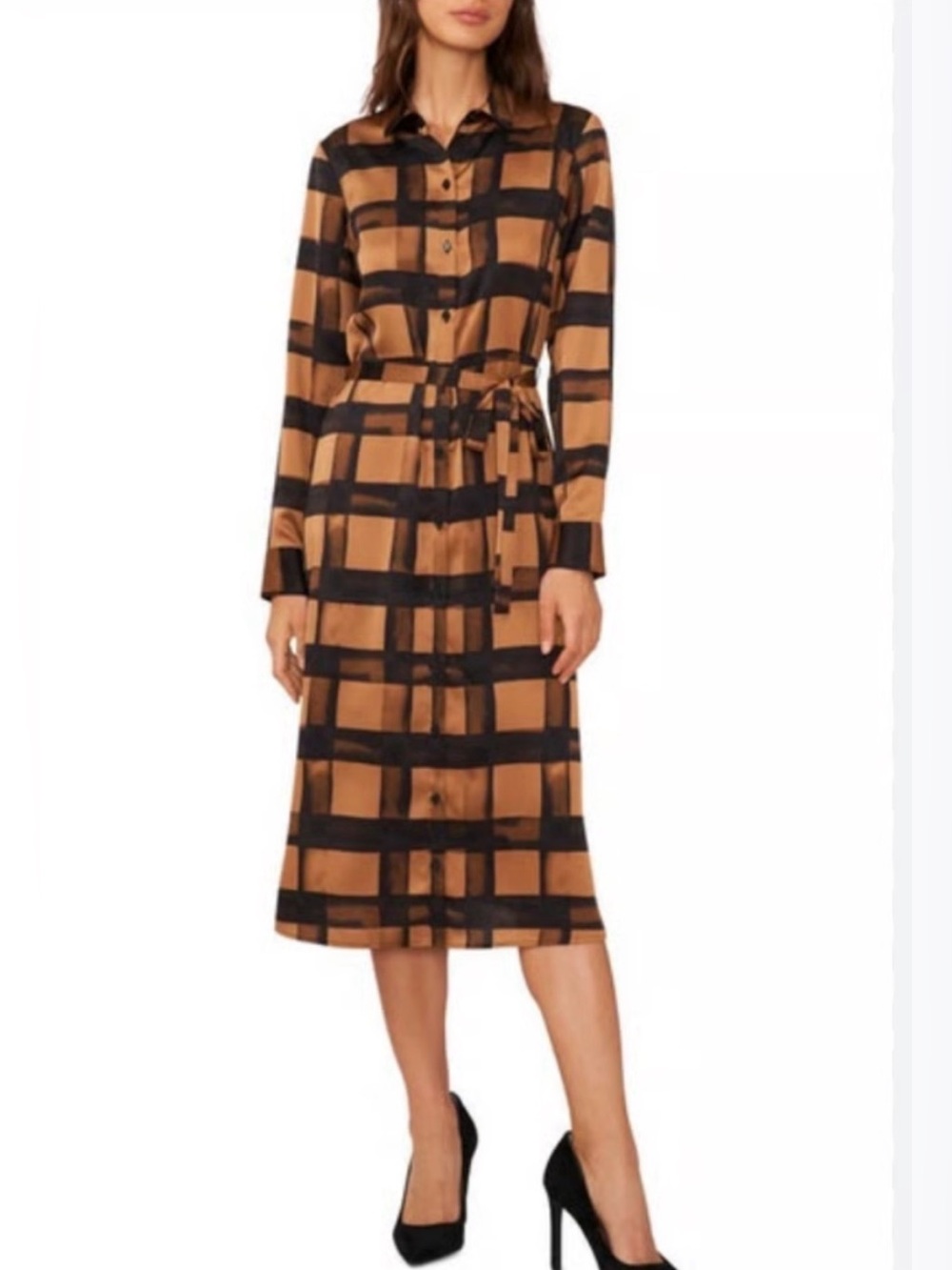 Halogen Black and Brown Checked Belted Shirt Dress